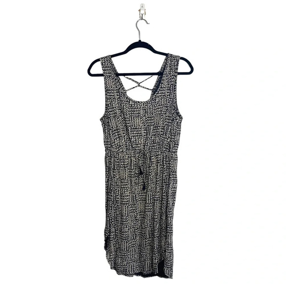 Lucky Brand Tan & Black Linen Blend Printed Drawstring Knee-length Dress Small - Picture 1 of 13